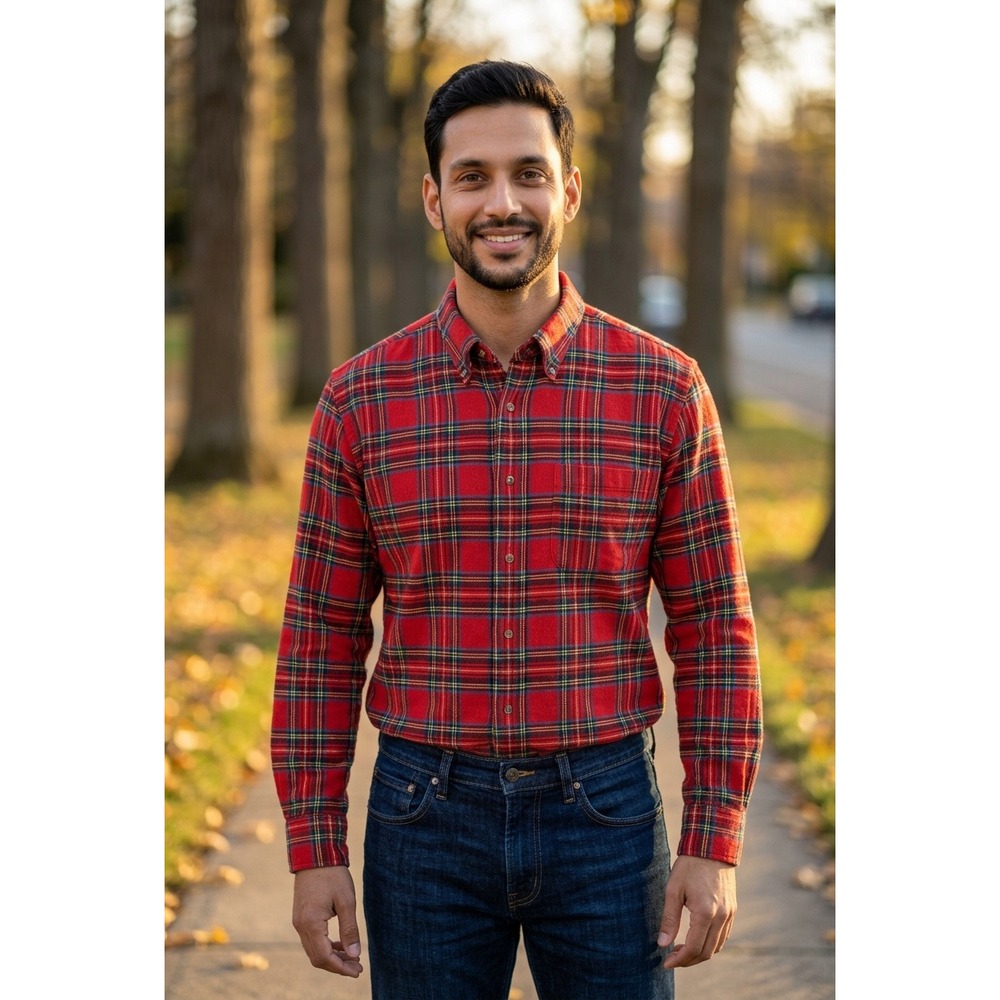 Lands End Mens XL Flannel Shirt Red Plaid Tartan Cotton Button Down Long Sleeve